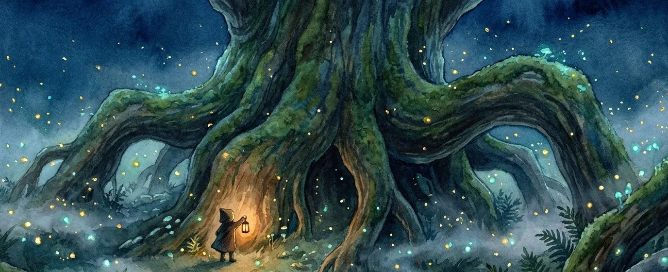 Árbol colosal de noche con una figura diminuta sosteniendo un farol