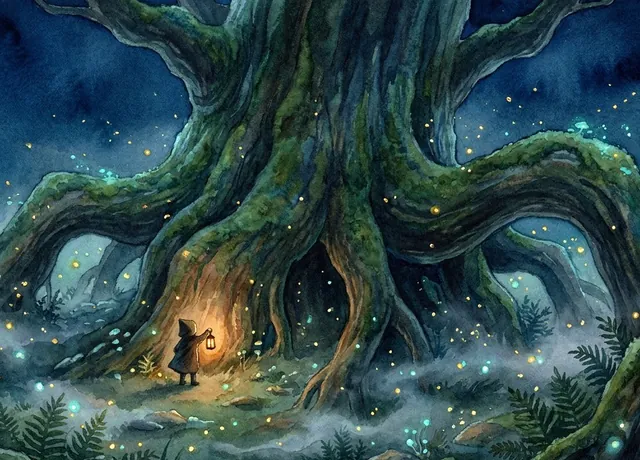 Árbol colosal de noche con una figura diminuta y un farol