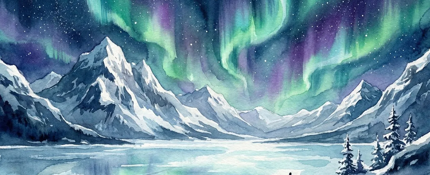 Aurora inmensa sobre un valle helado con una figura diminuta en la orilla