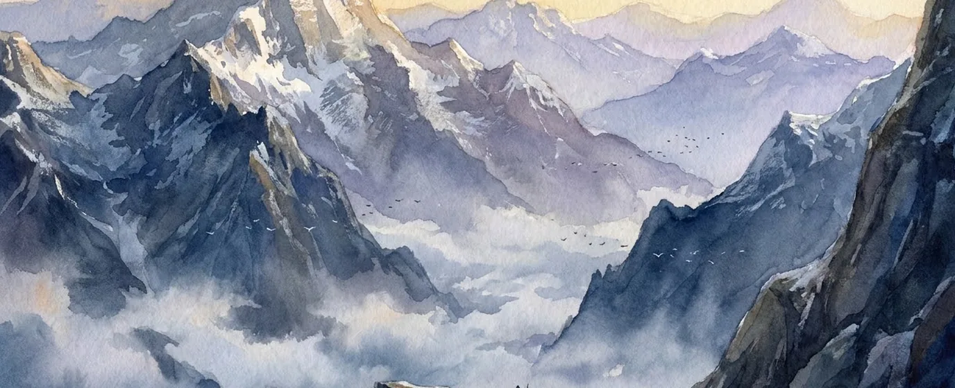 Cordillera inmensa en acuarela con tres viajeros diminutos en un sendero