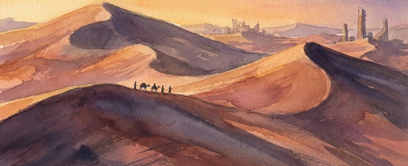 Mar de dunas enormes al atardecer con una caravana diminuta en la cresta