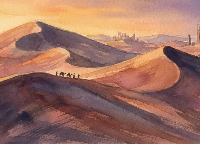 Mar de dunas enormes al atardecer con una caravana diminuta