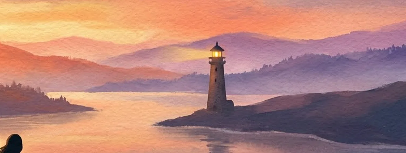 Detalle en acuarela del faro encendido al otro lado del río al atardecer