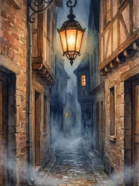 Callejón de noche con un farol encendido, en acuarela
