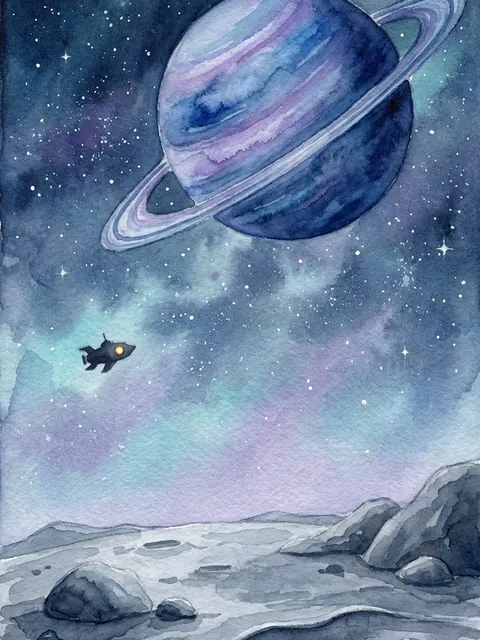 Planeta con anillos visto desde una luna, en acuarela