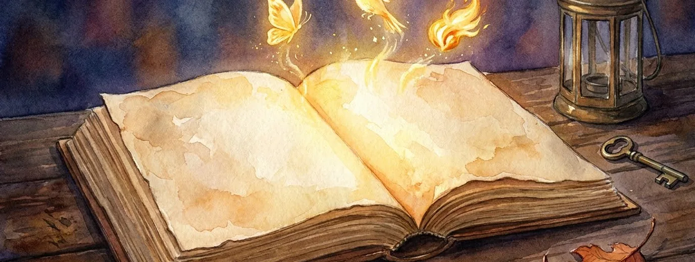 Libro antiguo abierto del que salen criaturas hechas de luz