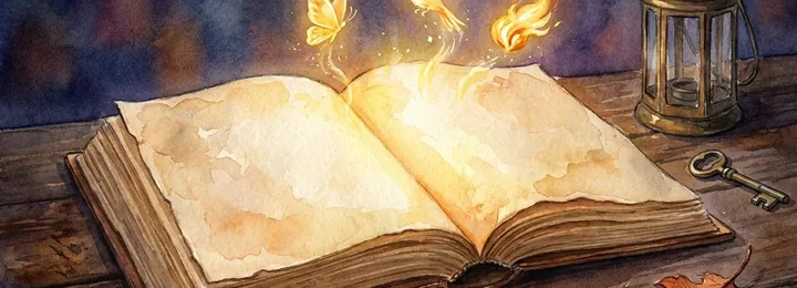 Libro antiguo abierto del que salen criaturas hechas de luz