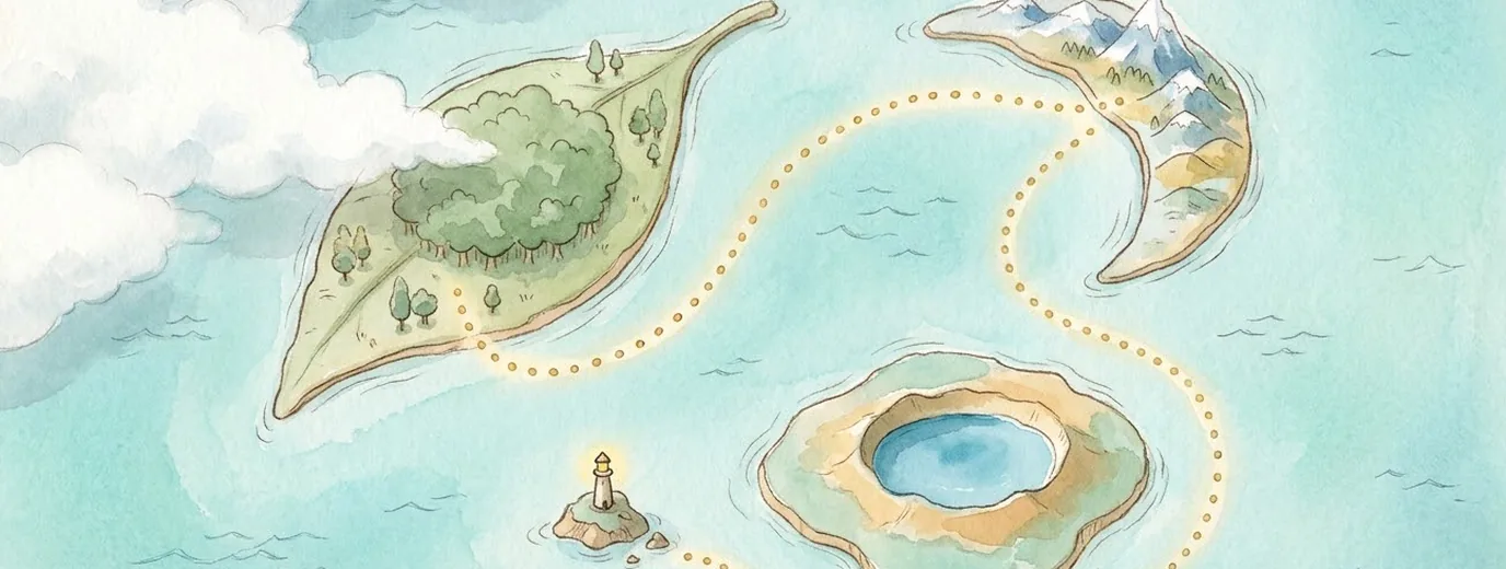 Mapa de acuarela con islas inventadas unidas por un camino de puntos dorados