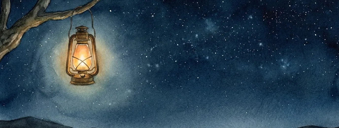 Cielo nocturno en acuarela con un farol colgado de una rama
