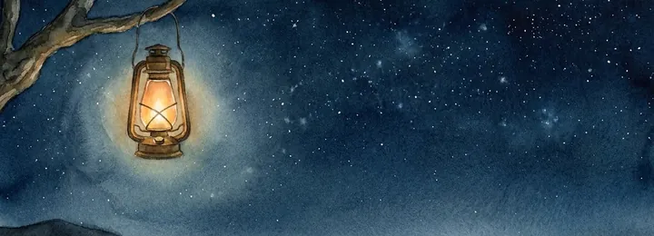 Cielo estrellado con un farol colgado de una rama