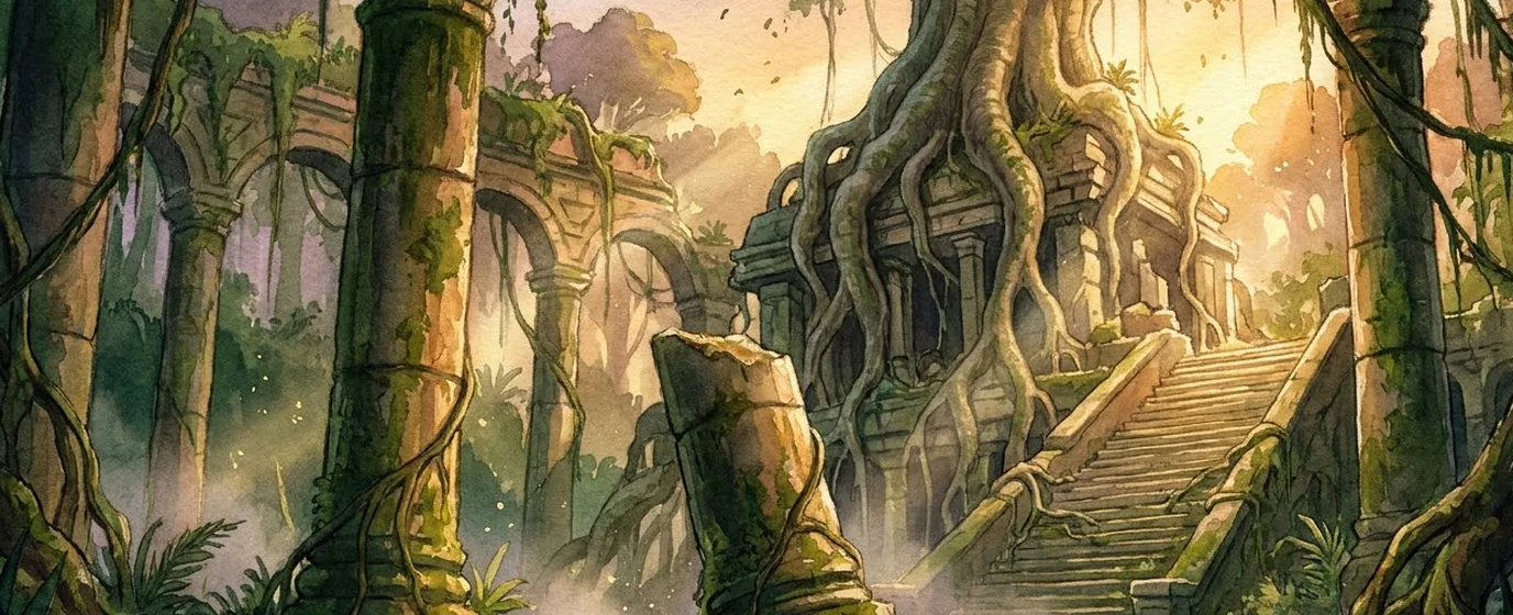 Ruinas colosales tragadas por la selva con una figura diminuta al pie de una columna