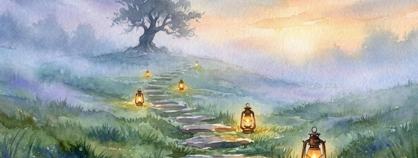 Sendero de piedras que asciende entre la niebla, con faroles encendidos cada vez más altos