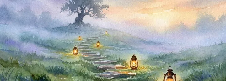 Sendero de piedras que sube entre la niebla con faroles encendidos