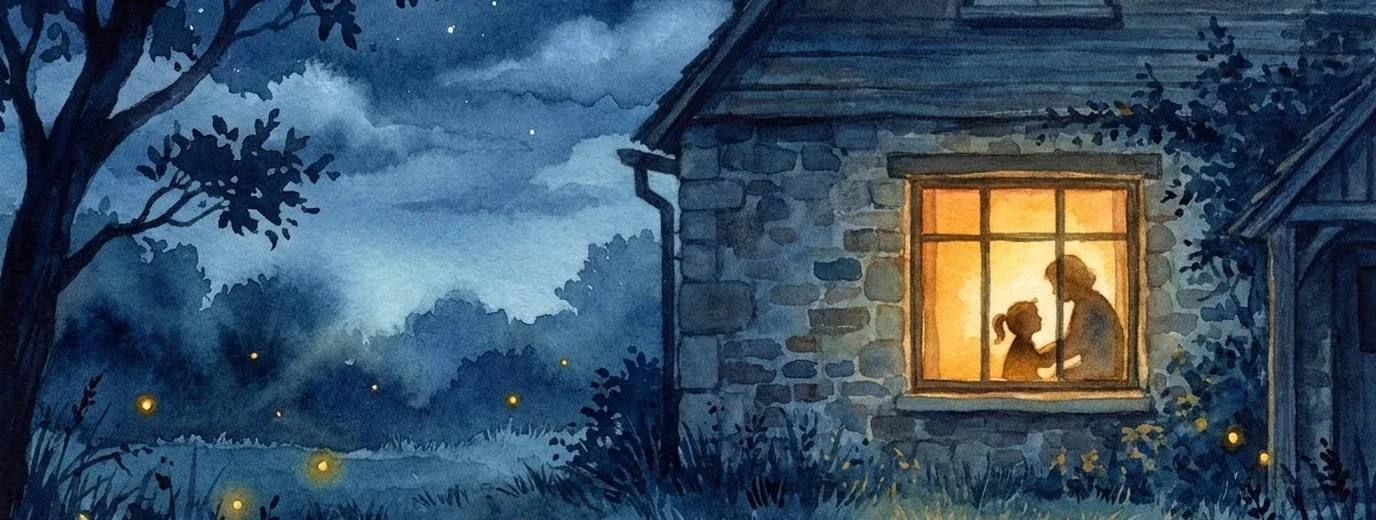 Casa de campo de noche con una sola ventana iluminada y dos siluetas dentro