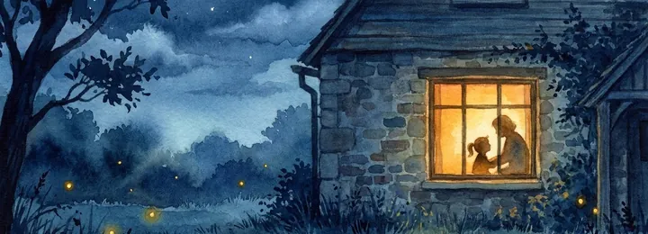 Casa de noche con una sola ventana iluminada
